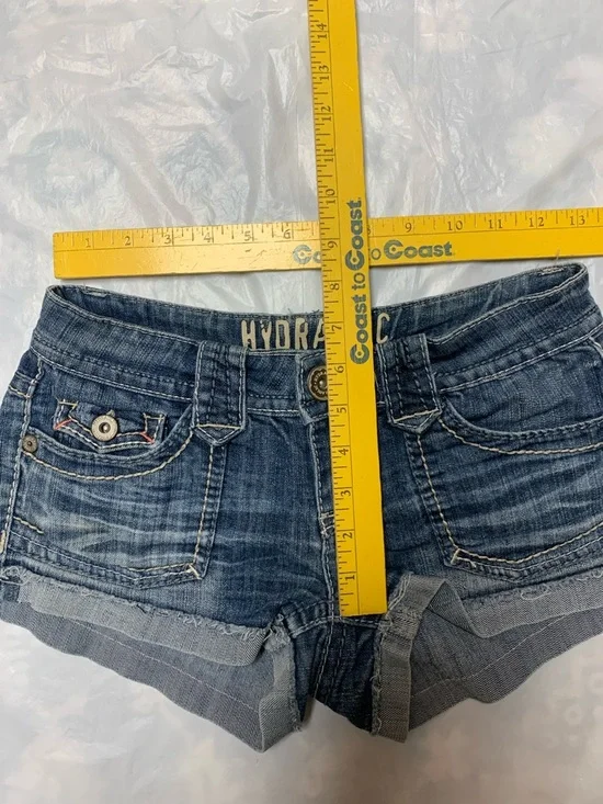 Hydraulic Vintage Y2K Super Low Rise Denim Jean Short Shorts Sz 3/4 Festival - Picture 3 of 6